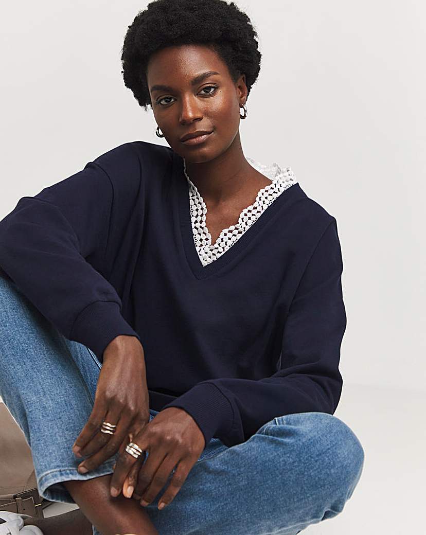 Navy V-Neck Lace Trim Sweatshirt