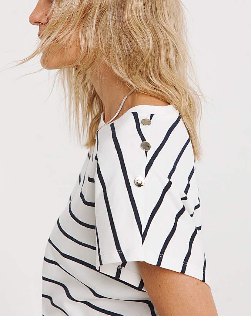 Striped Crew neck Button Shoulder Top