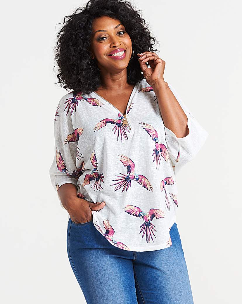 Image of Apricot Parrot Print Zip Front Top