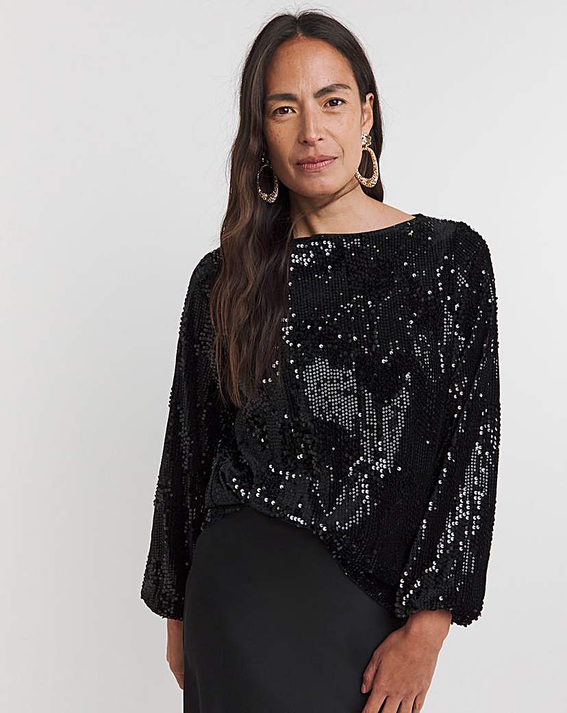 New In - Sequin Velvet Slash Neck Volume Sleeve