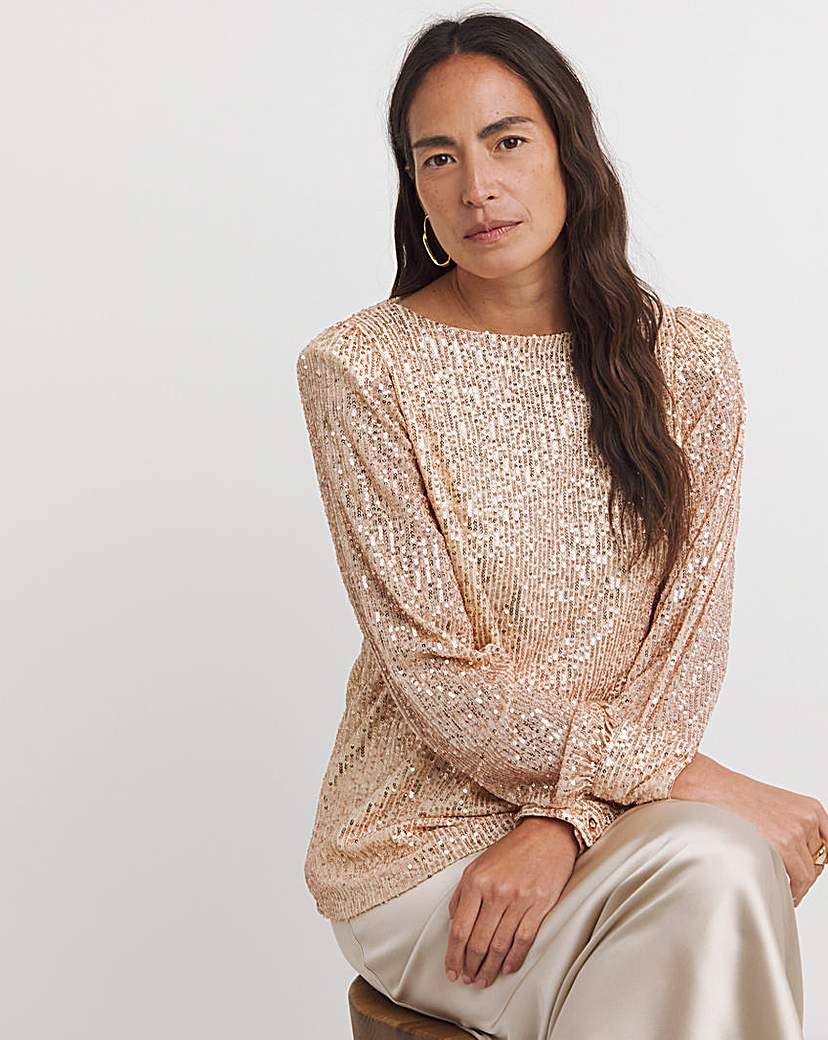 Sequin Slash Neck Volume Sleeve Top