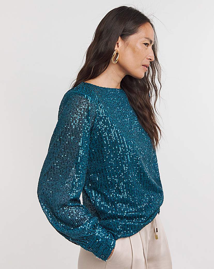 Sequin Slash Neck Volume Sleeve Top