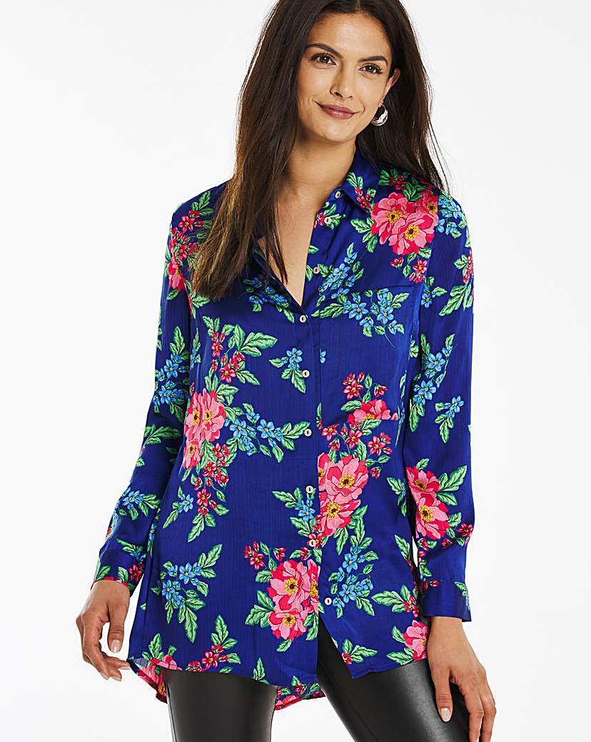 Blue Floral Print Satin Shirt