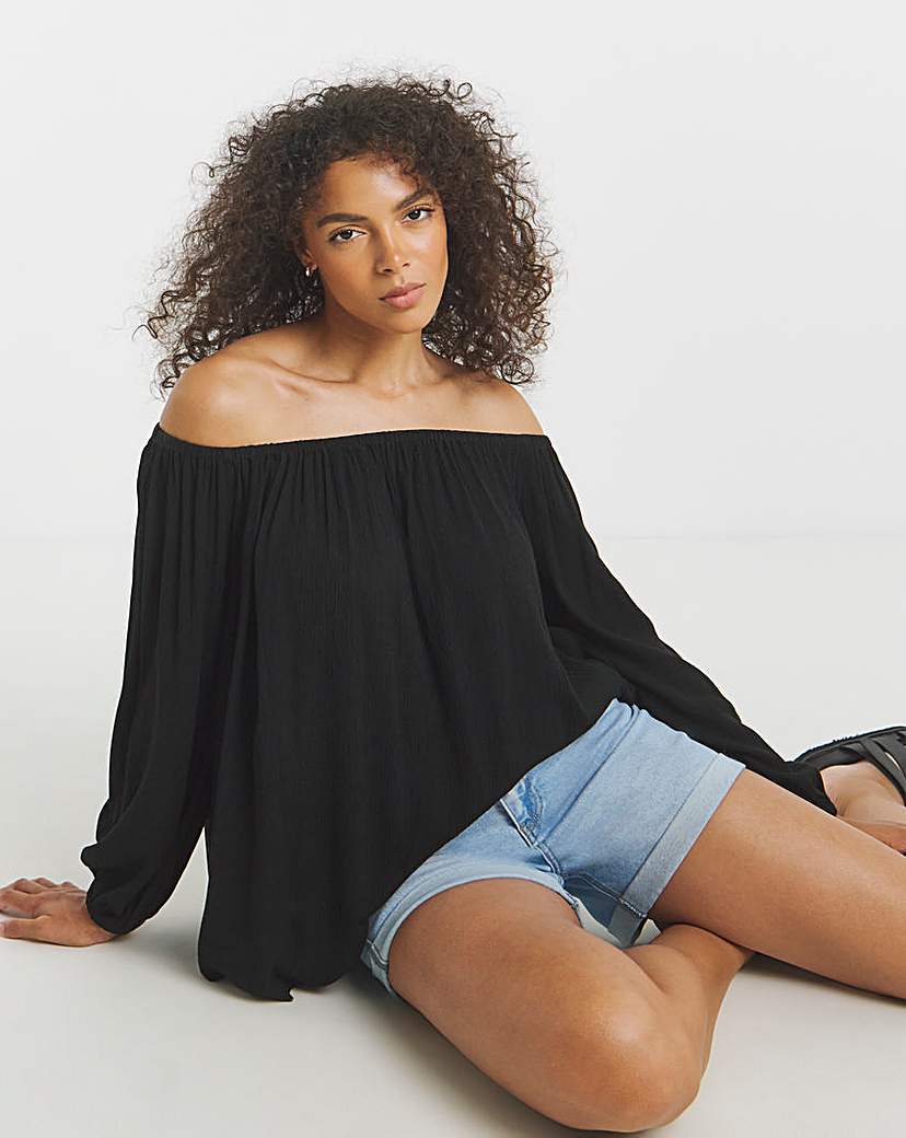 Black Crinkle Long Sleeve Bardot Top