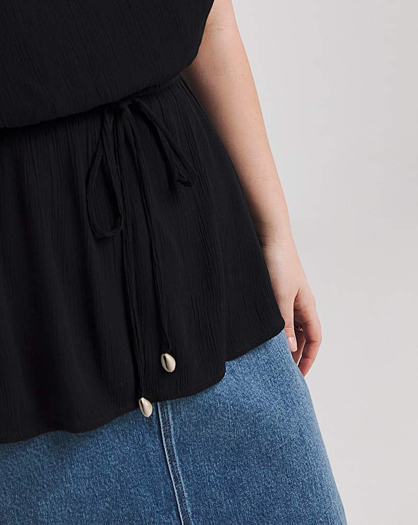 Black Crinkle Bandeau With Shell Tie