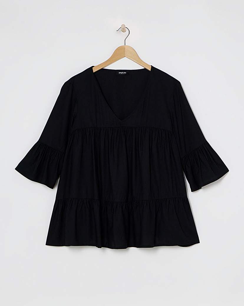 Black Viscose V Neck Smock Blouse