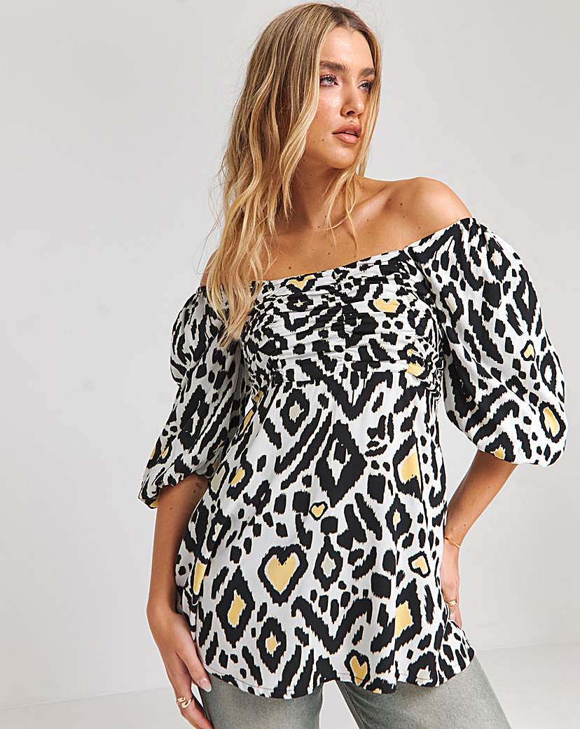 Mono Print Ruched Front Blouse