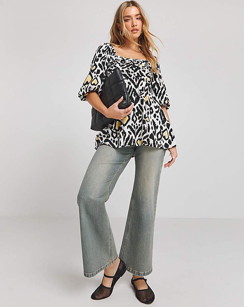Mono Print Ruched Front Blouse