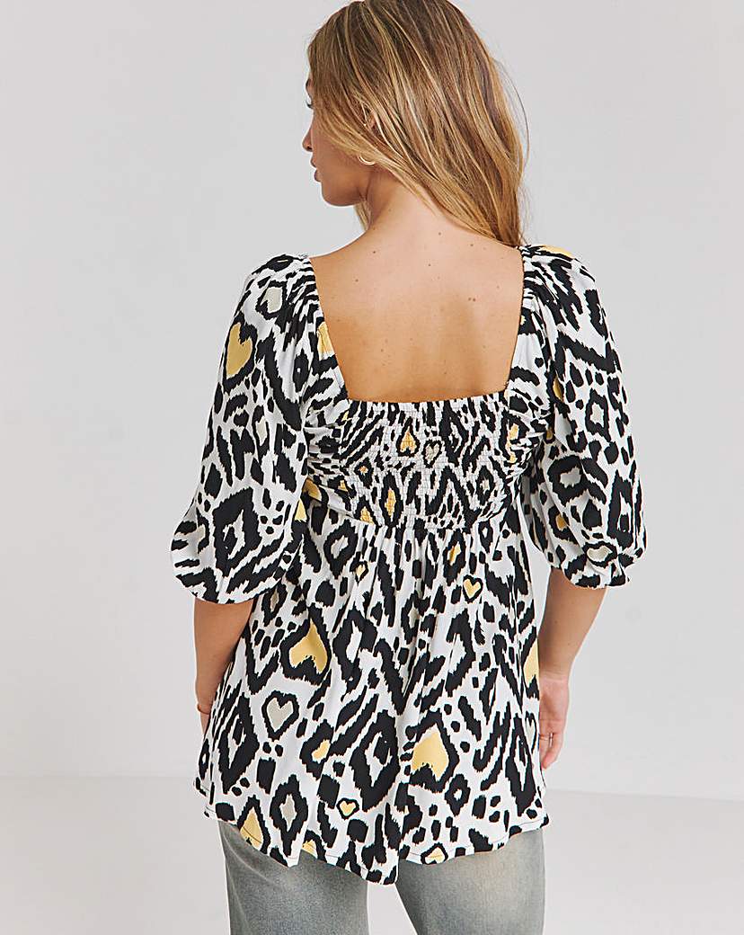 Mono Print Ruched Front Blouse