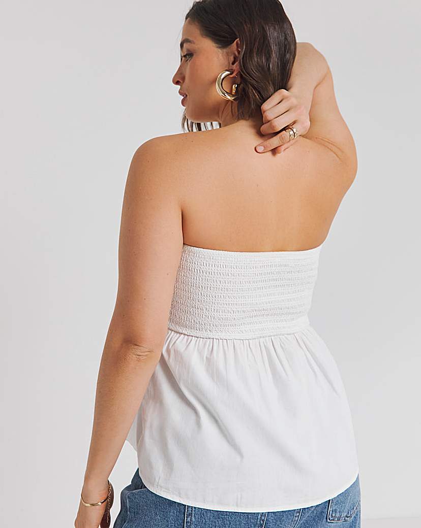 White Cotton Poplin Shirred Bandeau Top