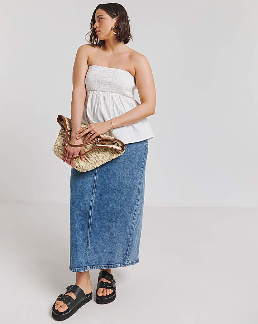 White Cotton Poplin Shirred Bandeau Top