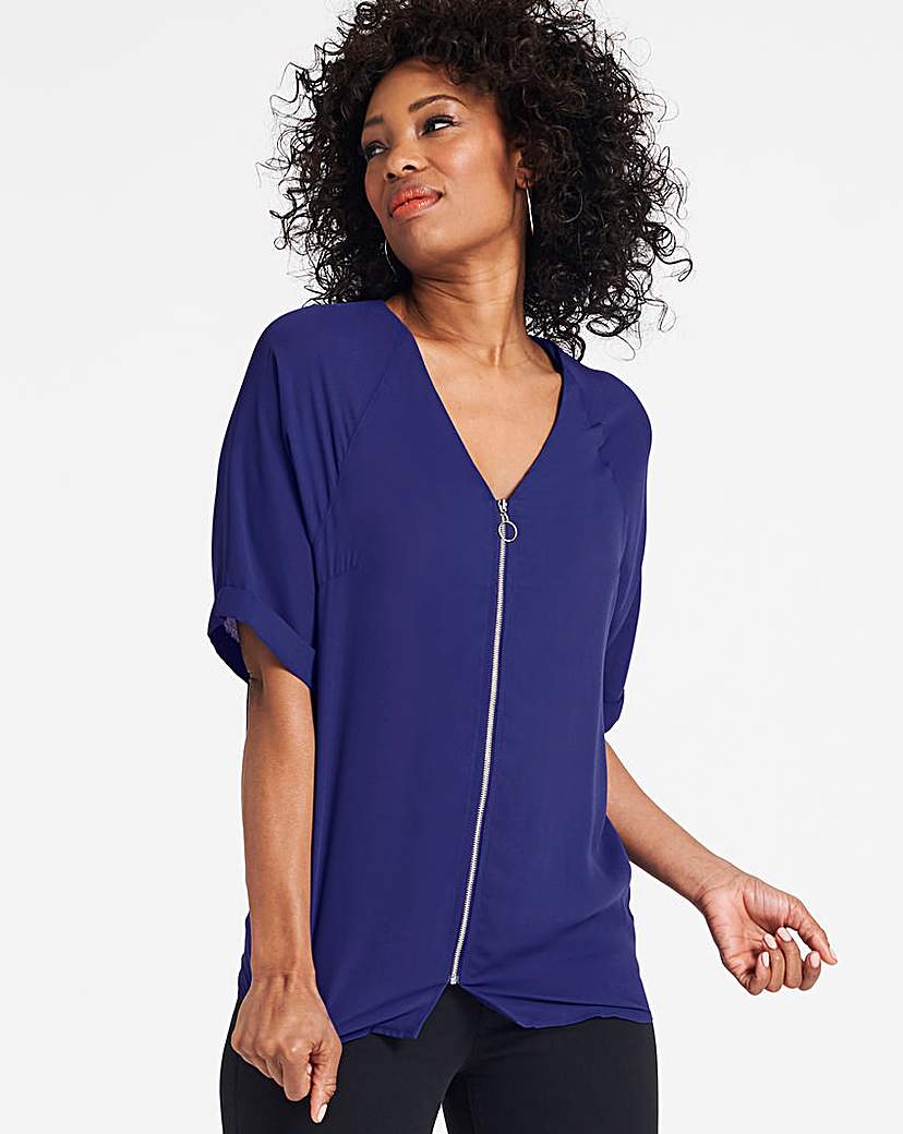 Image of Blue Zip Front Blouse