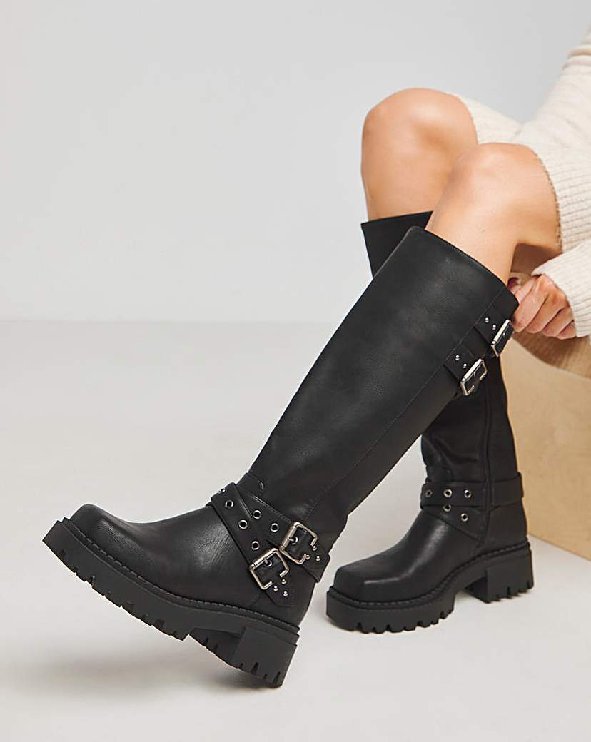 Chunky Buckle Calf Biker Boot Wide SC