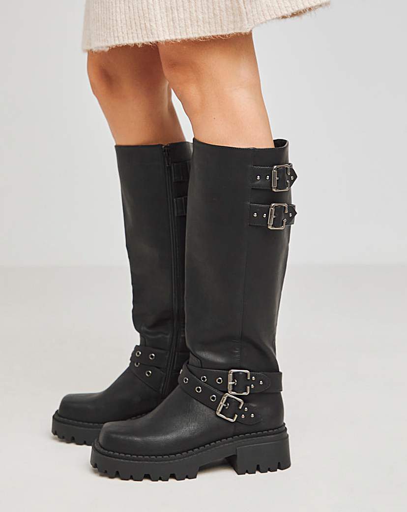 Chunky Buckle Calf Biker Boot Wide SC