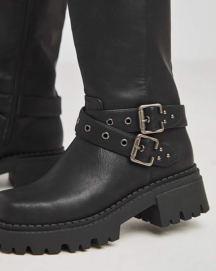Chunky Buckle Calf Biker Boot Wide SC