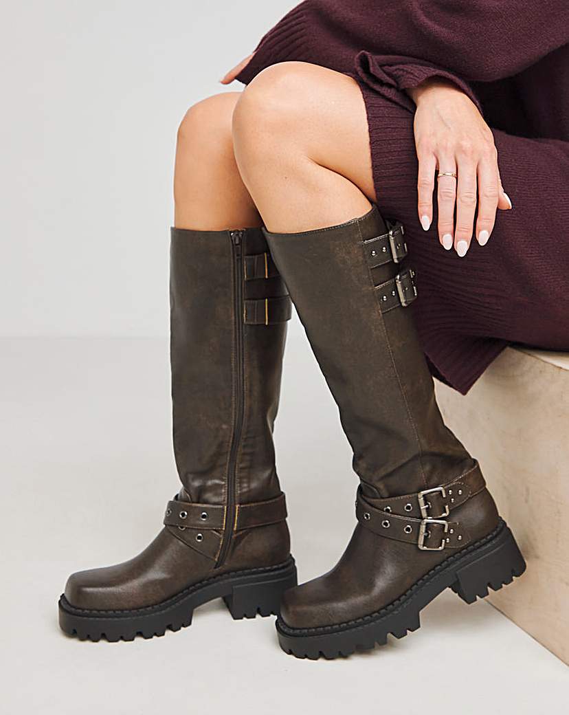Chunky Buckle Calf Biker Boot Wide SC