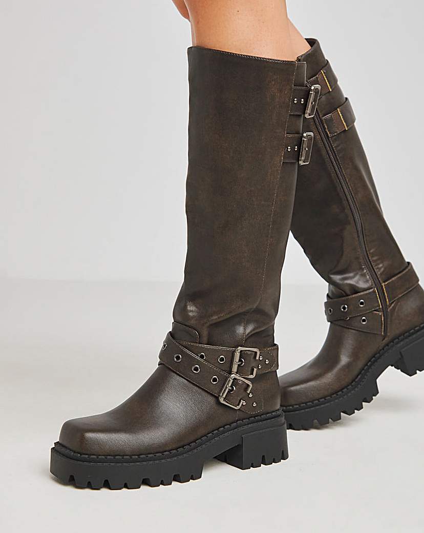 Chunky Buckle Calf Biker Boot Wide SC