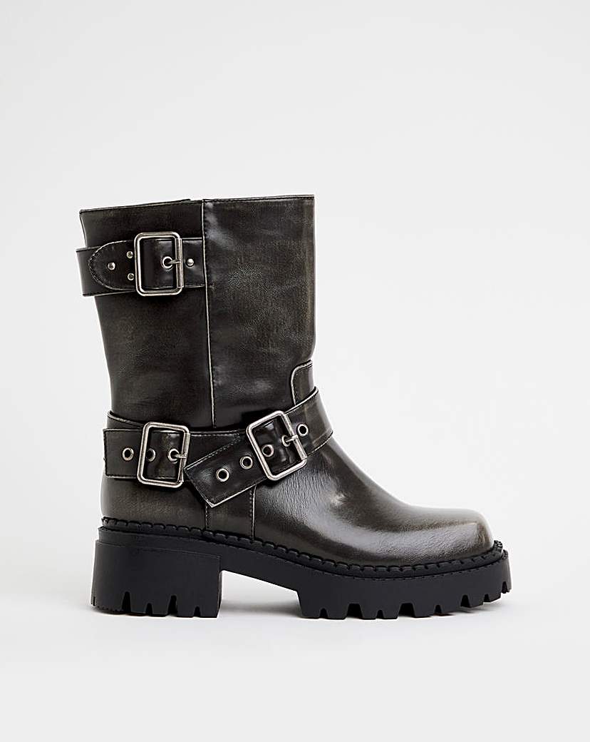 Chunky Buckle Ankle Biker Boot Wide