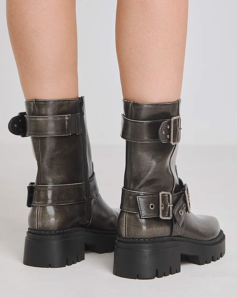 Chunky Buckle Ankle Biker Boot Wide