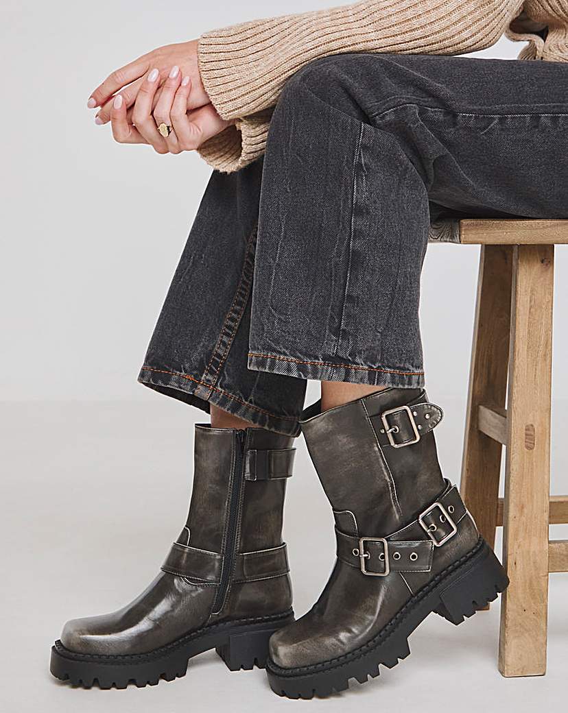 Chunky Buckle Ankle Biker Boot Wide