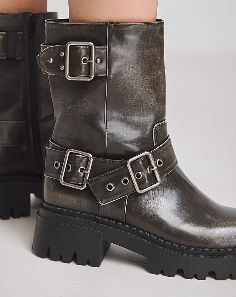 Chunky Buckle Ankle Biker Boot Wide