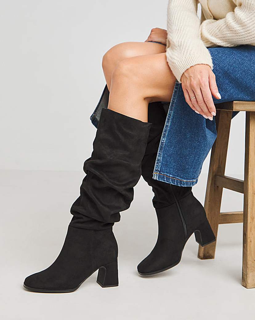 Ruched Knee High Heeled Boots Ex Wide