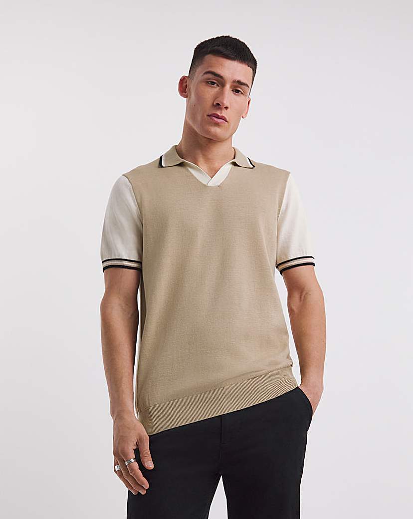 Knitted Stone Revere Collar Tipped Polo