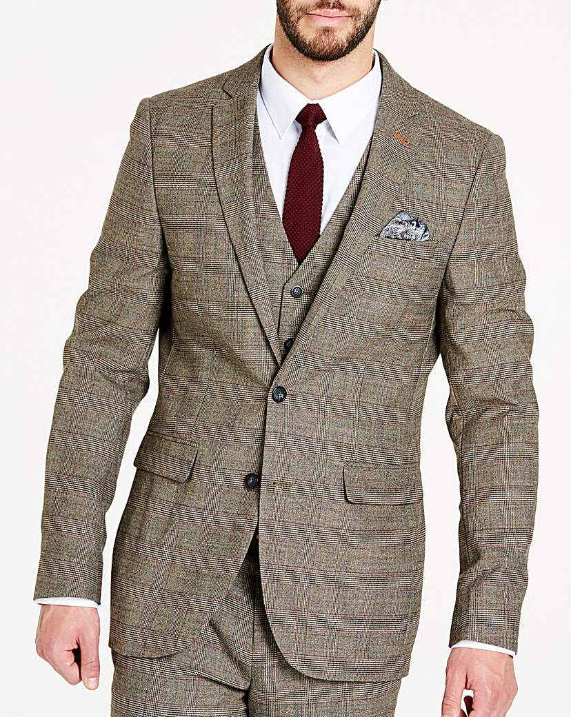 Image of Brown Wool Checked Slim Jacket L