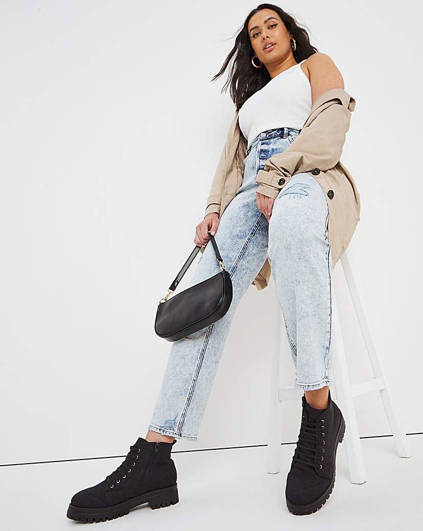 Button Fly Acid Distressed Mom Jeans