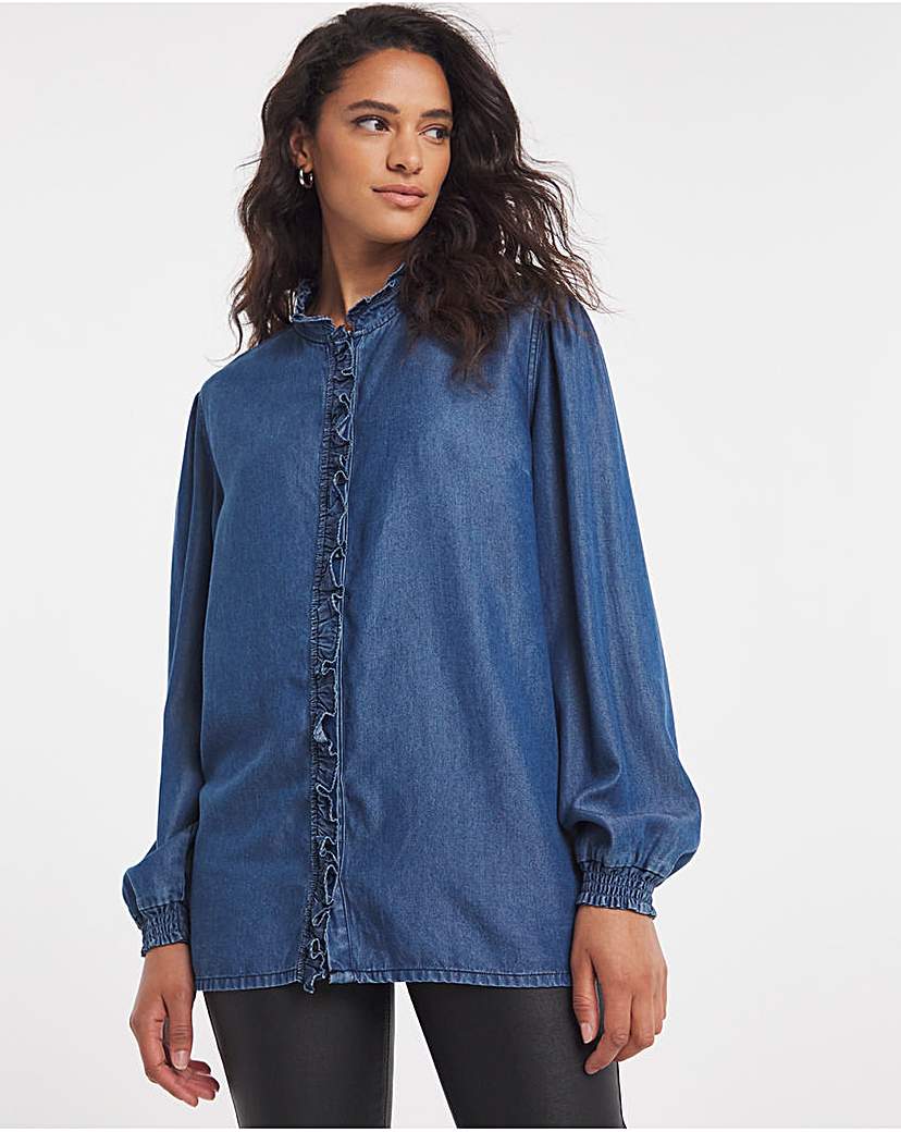 Dark Blue Lyocell Ruffle Trim Blouse