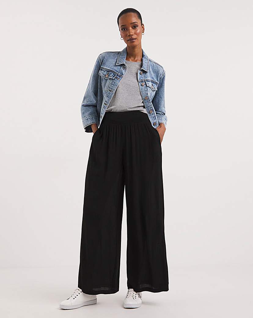 Crinkle Shirred Waist Wide Leg Trousers