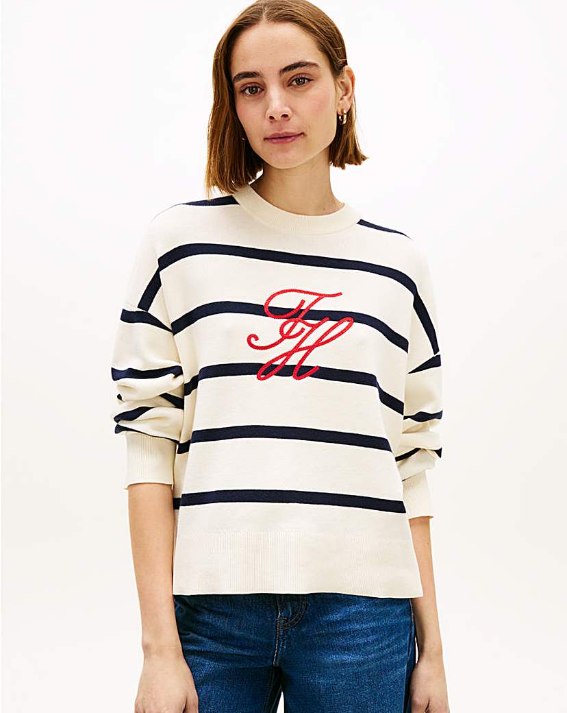 Tommy Hilfiger Women's Cream Stripe Graphic Sweater Large