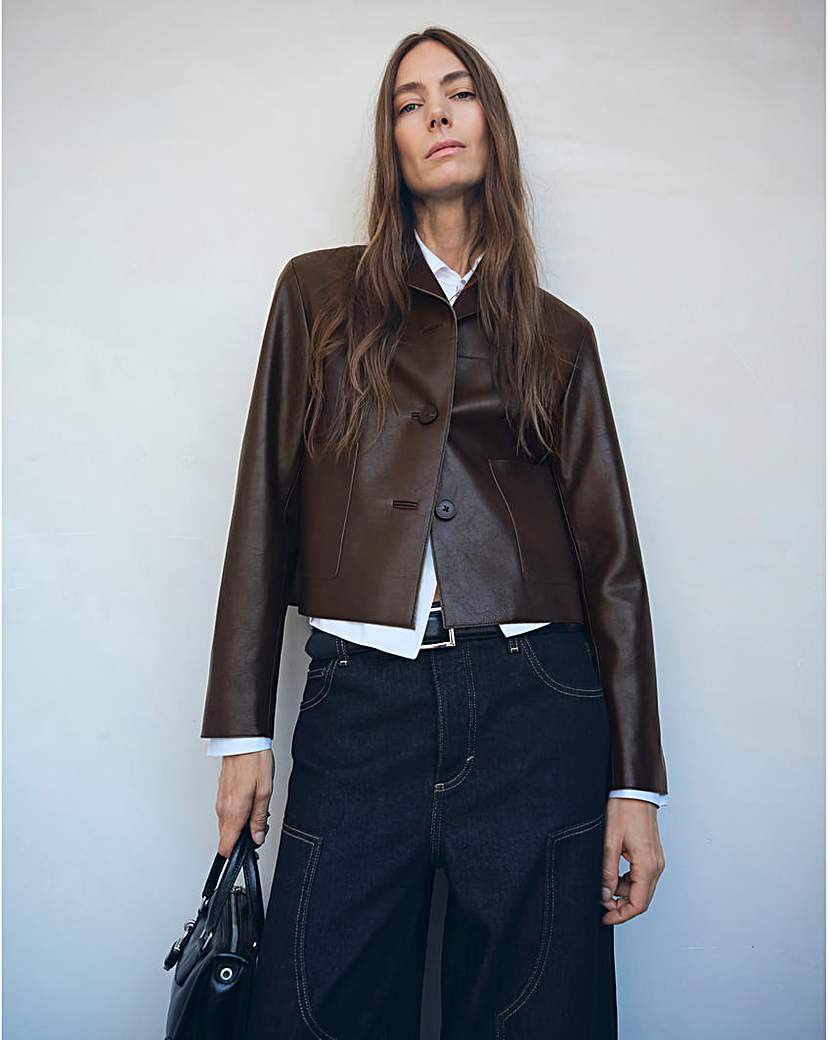 Mango Dark Brown Faux Leather Collared Jacket - 1XL