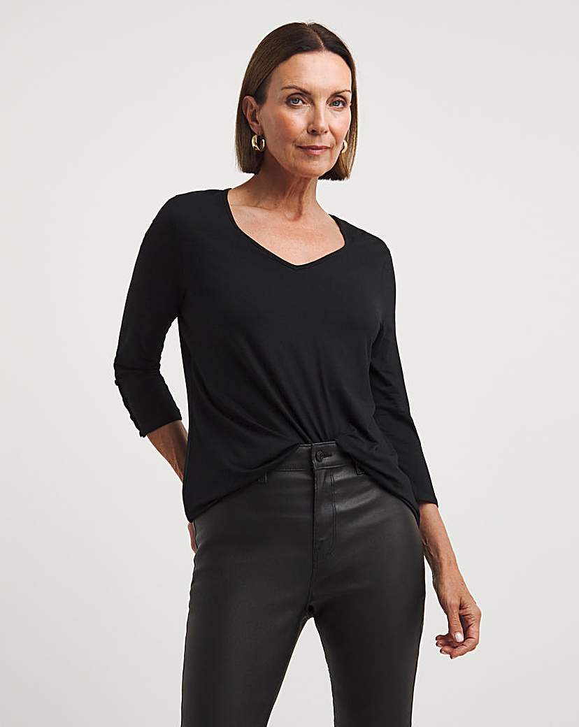 Black Button Sleeve V-Neck Top