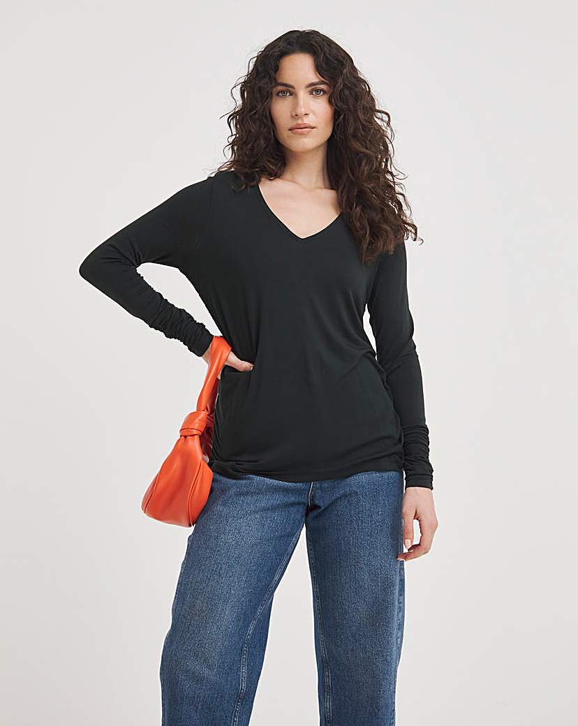 Black Ruched Side Long Sleeve Top