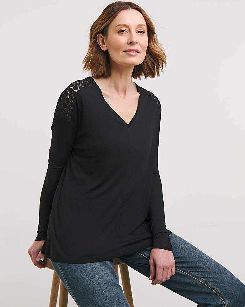 Black Lace Back V Neck Top