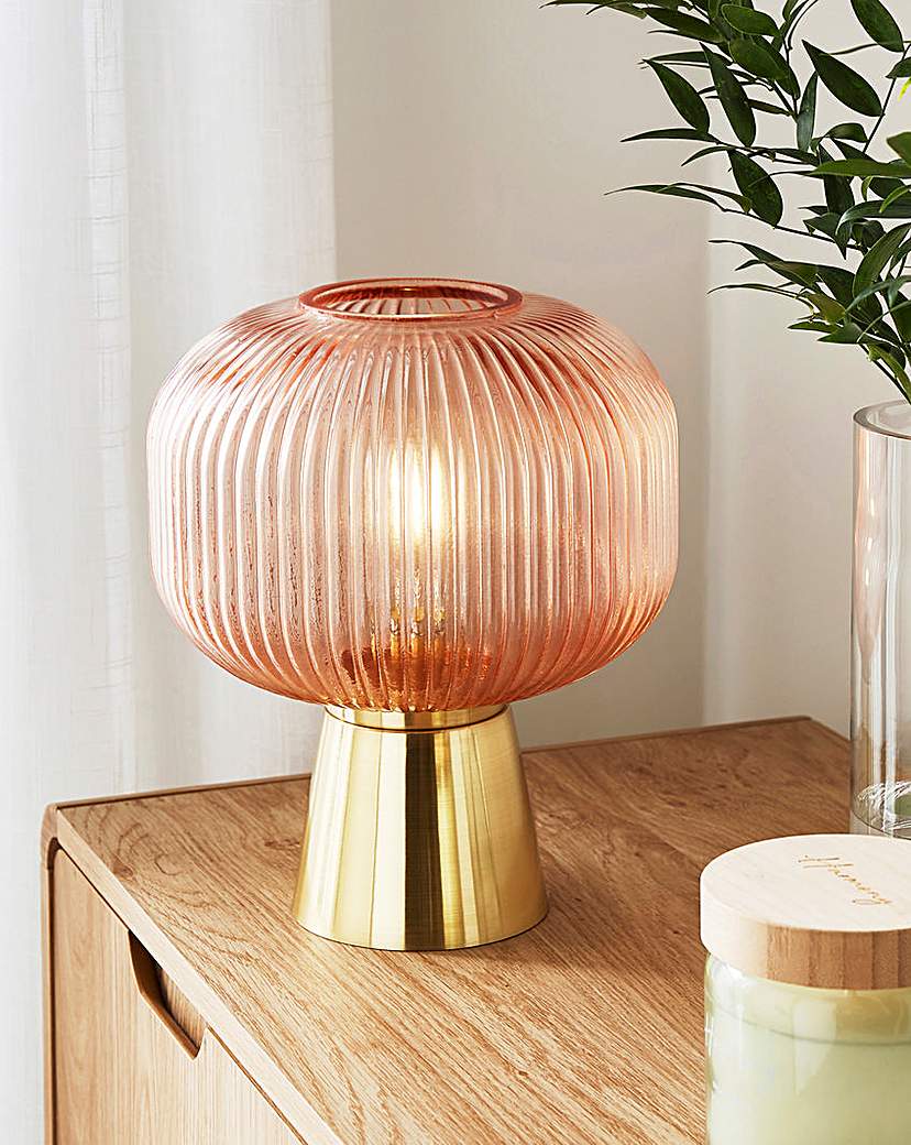 Pink Ribbed Glass Portable Table Lamp