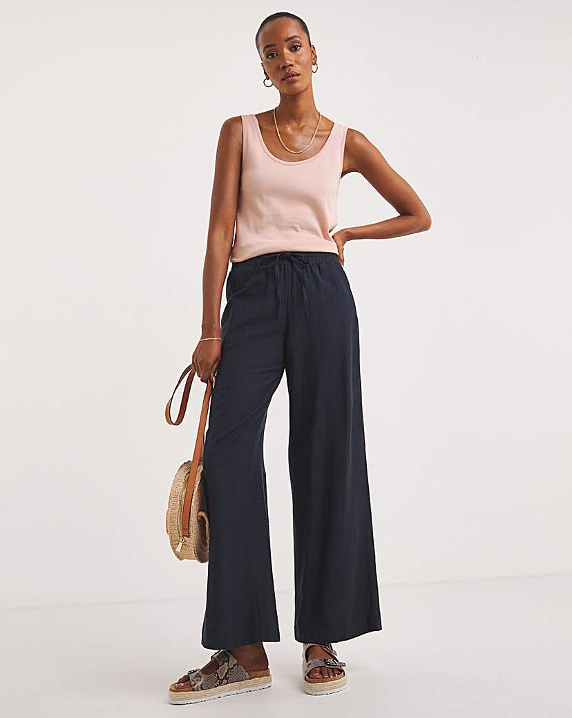 Navy Linen Mix Wide Leg Trousers