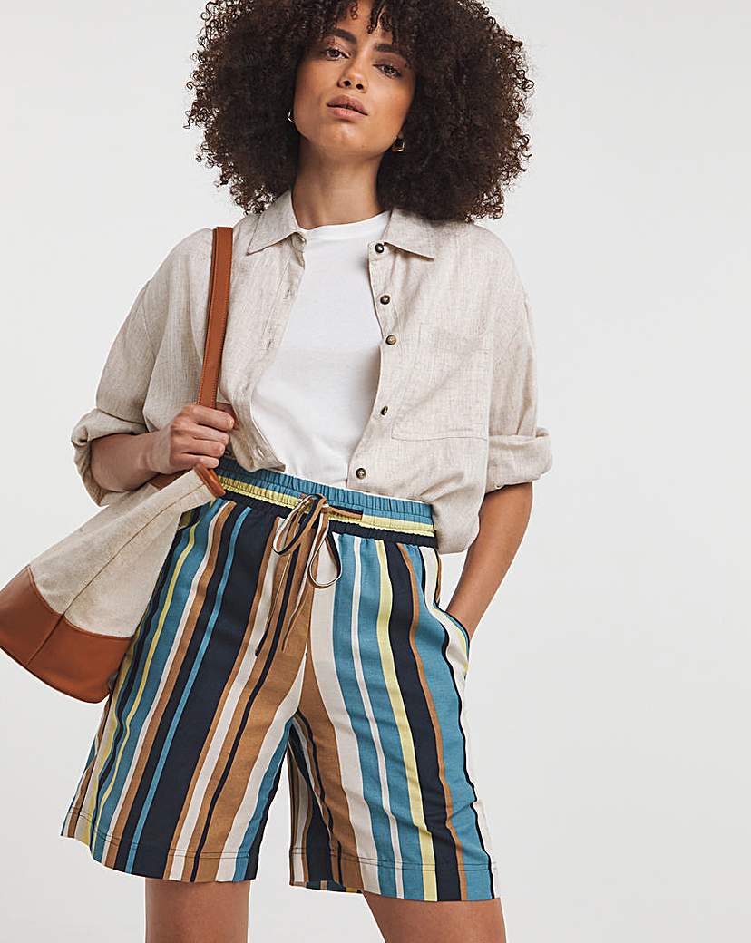 Stripe Linen Mix Knee Length Shorts