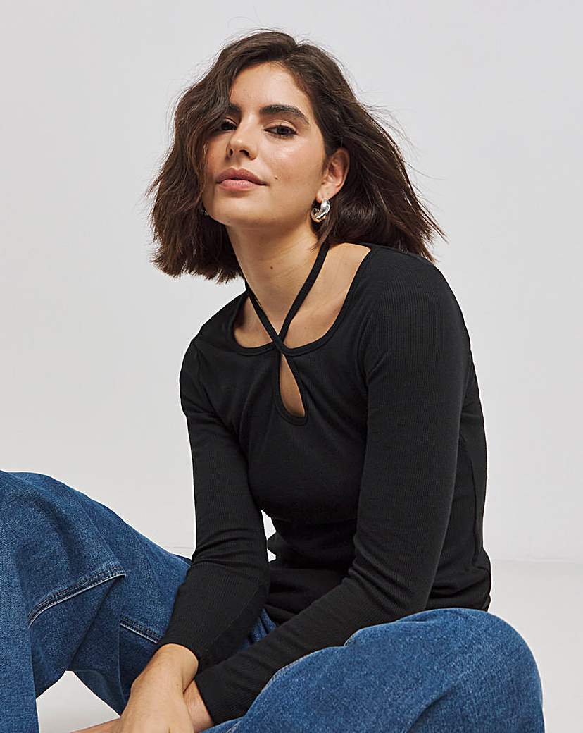Black Cut Out Halter Neck Top - Black
