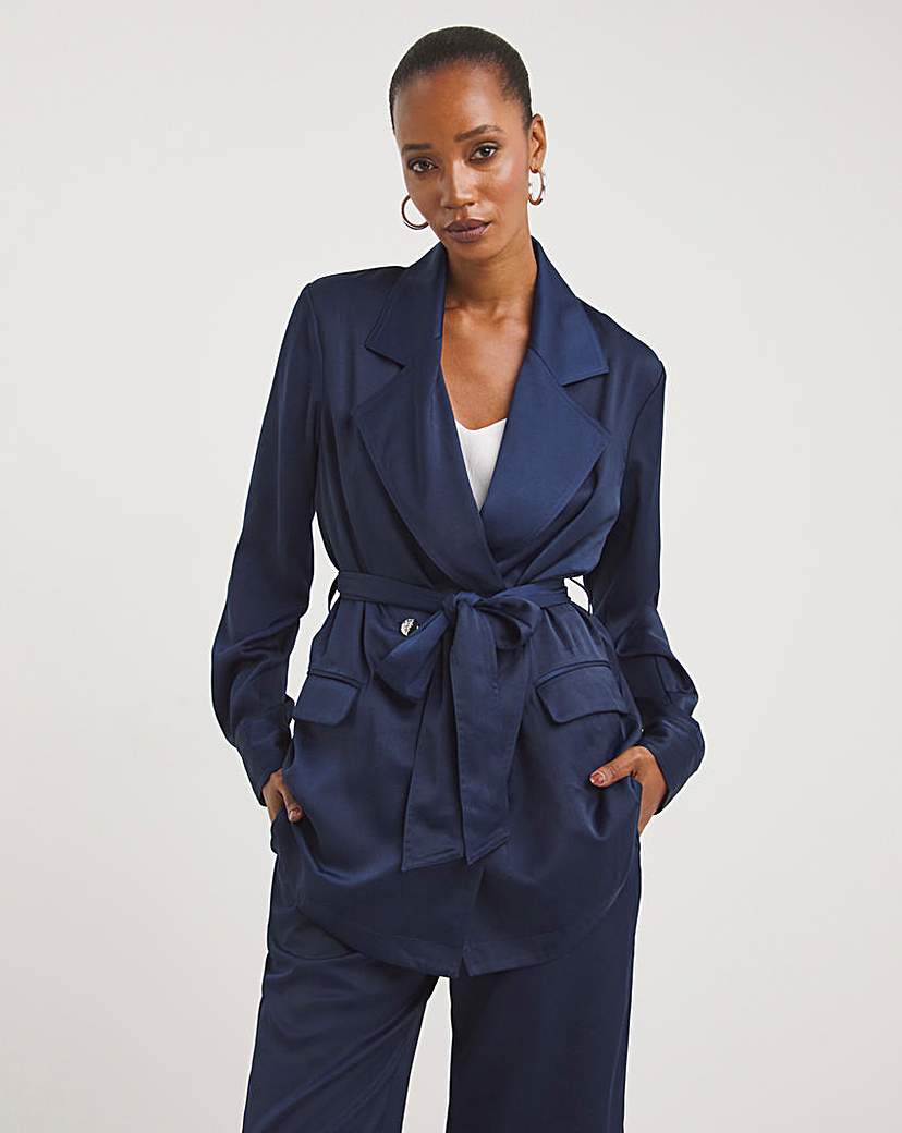 Navy Satin Tie Waist Jacket