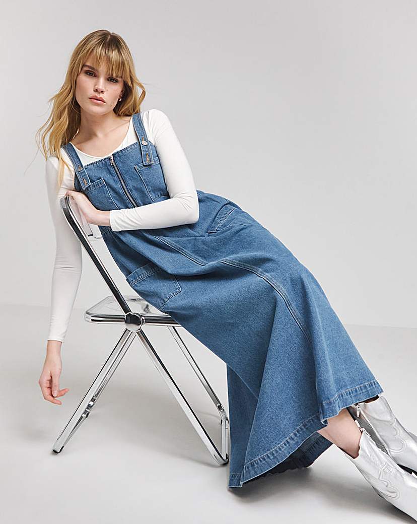 Mid Wash Pocket Detail Apron Dress - Mid Wash