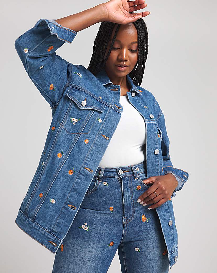 Blue Embroidered Boyfriend Denim Jacket