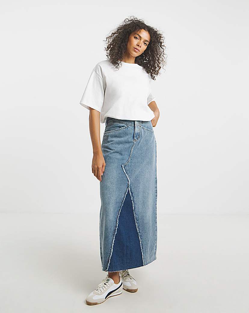 Mid Blue Patchwork Fray Denim Maxi Skirt