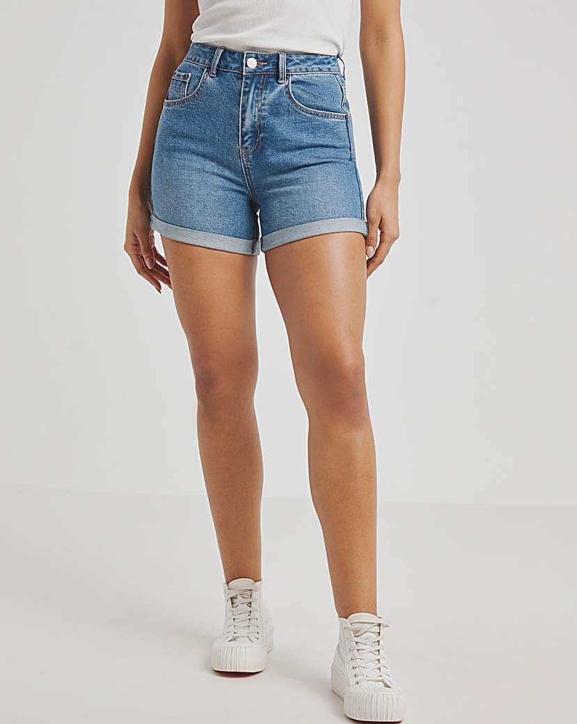 Mid Blue Roll Hem Mom Short
