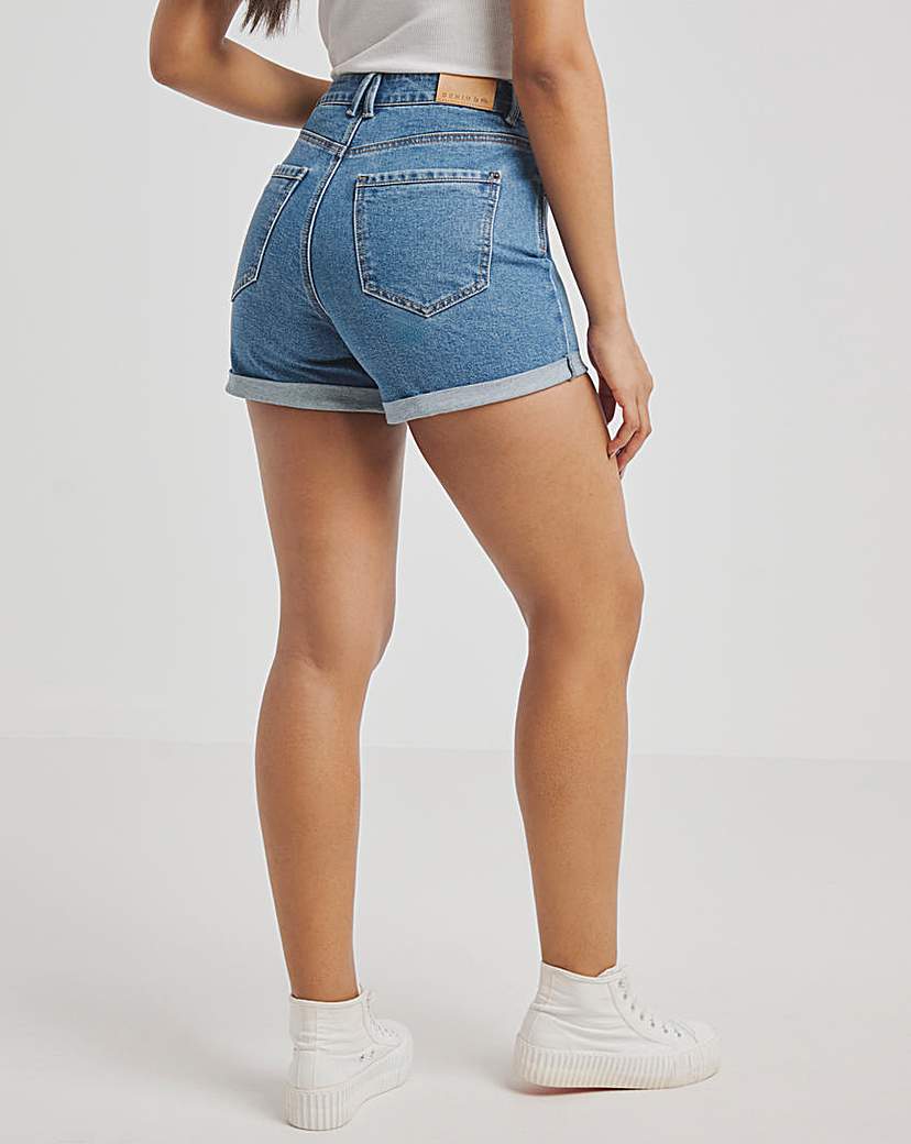 Mid Blue Roll Hem Mom Short