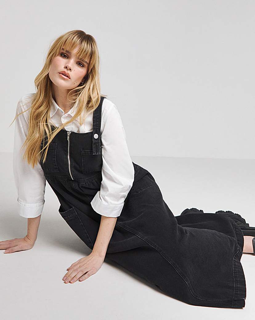 Black Midaxi Pocket Detail Apron Dress - Washed Black