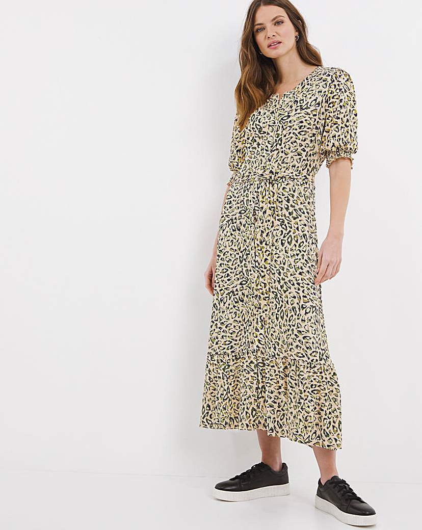 Shirred Shoulder Animal Print Dress